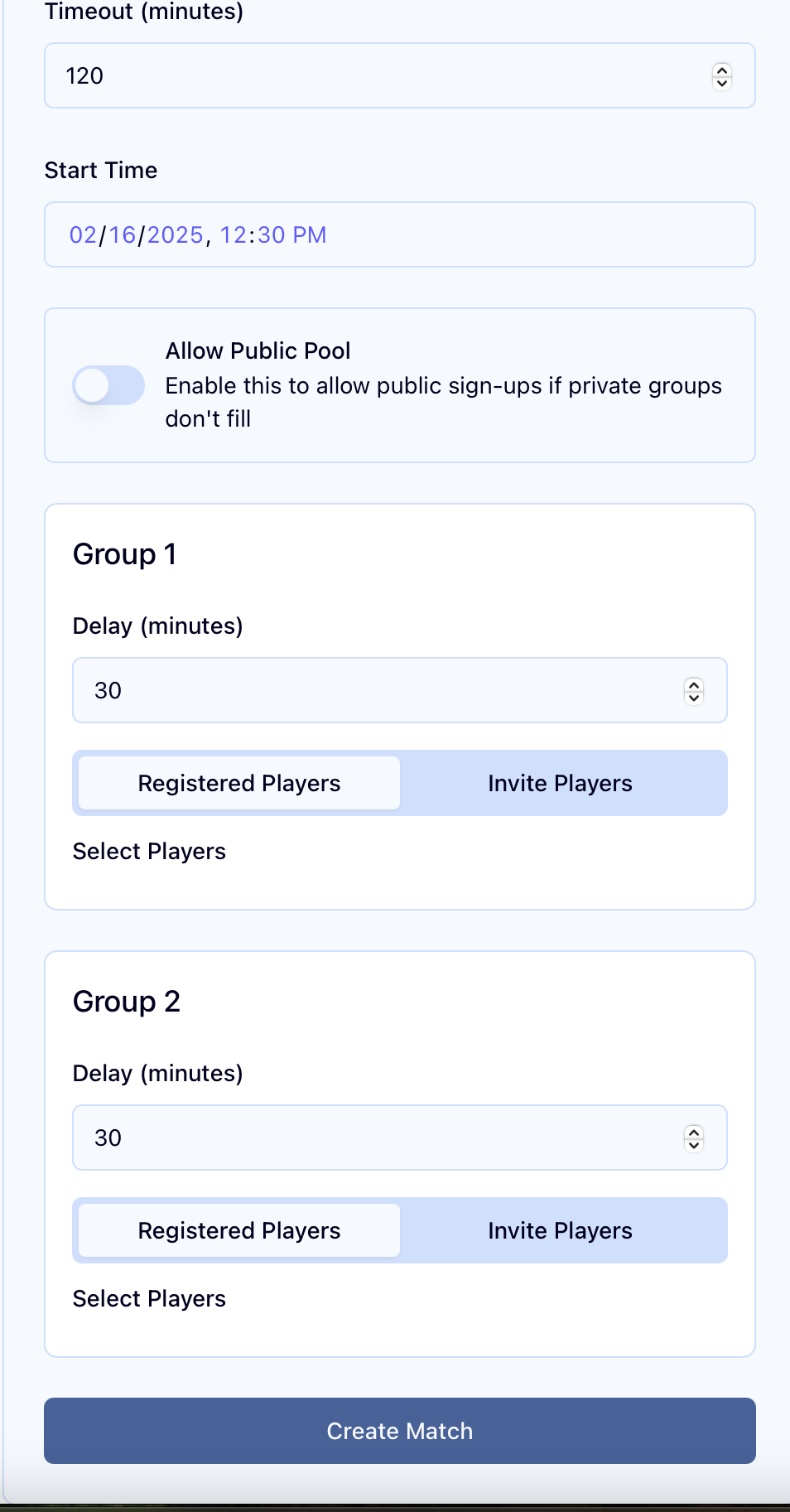 Team Easy create match screen